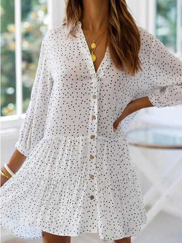 Woochic mi longue robe mousseline à pois boutonnage à volantée v-cou manches 3/4 bohème plage Blanche S